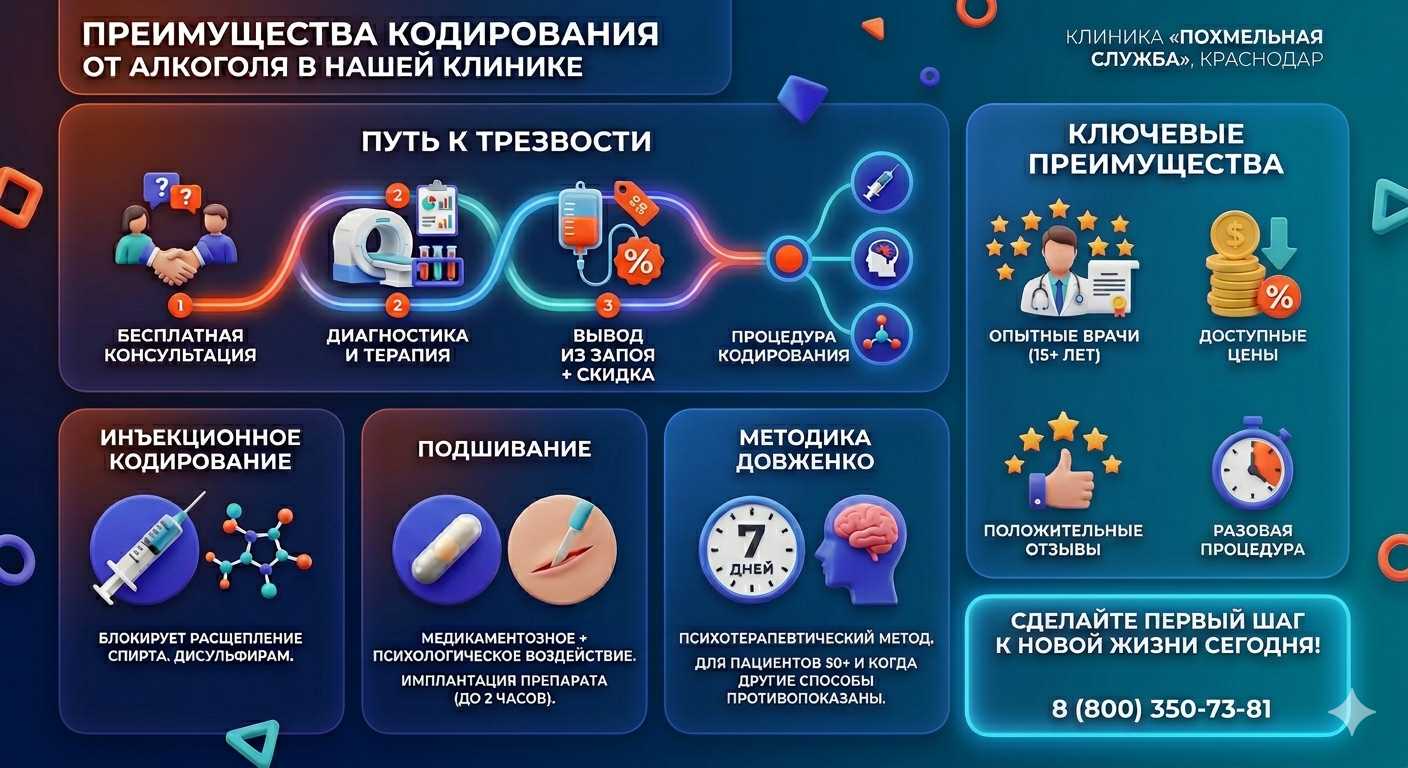 Инфографика о методах кодирования от алкоголя в Тынде: инъекции, подшивание, метод Довженко. Преимущества клиники и этапы лечения.